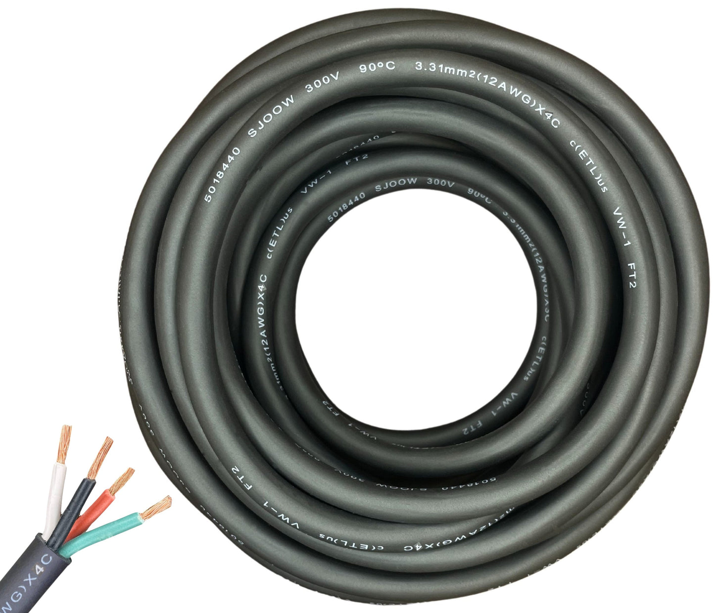 12/4 SJOOW Cable Cord Wire - 12 Gauge 12 AWG 4 Conductor 300V Portable Power Extension Cord Cable with Ultra Flexible Insulation Jacket