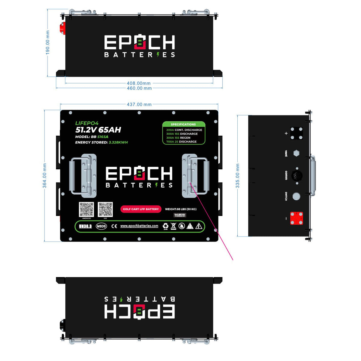 48V 65Ah Golf Cart Battery Complete Kit - Lithium (LiFePO4) Epoch Batteries