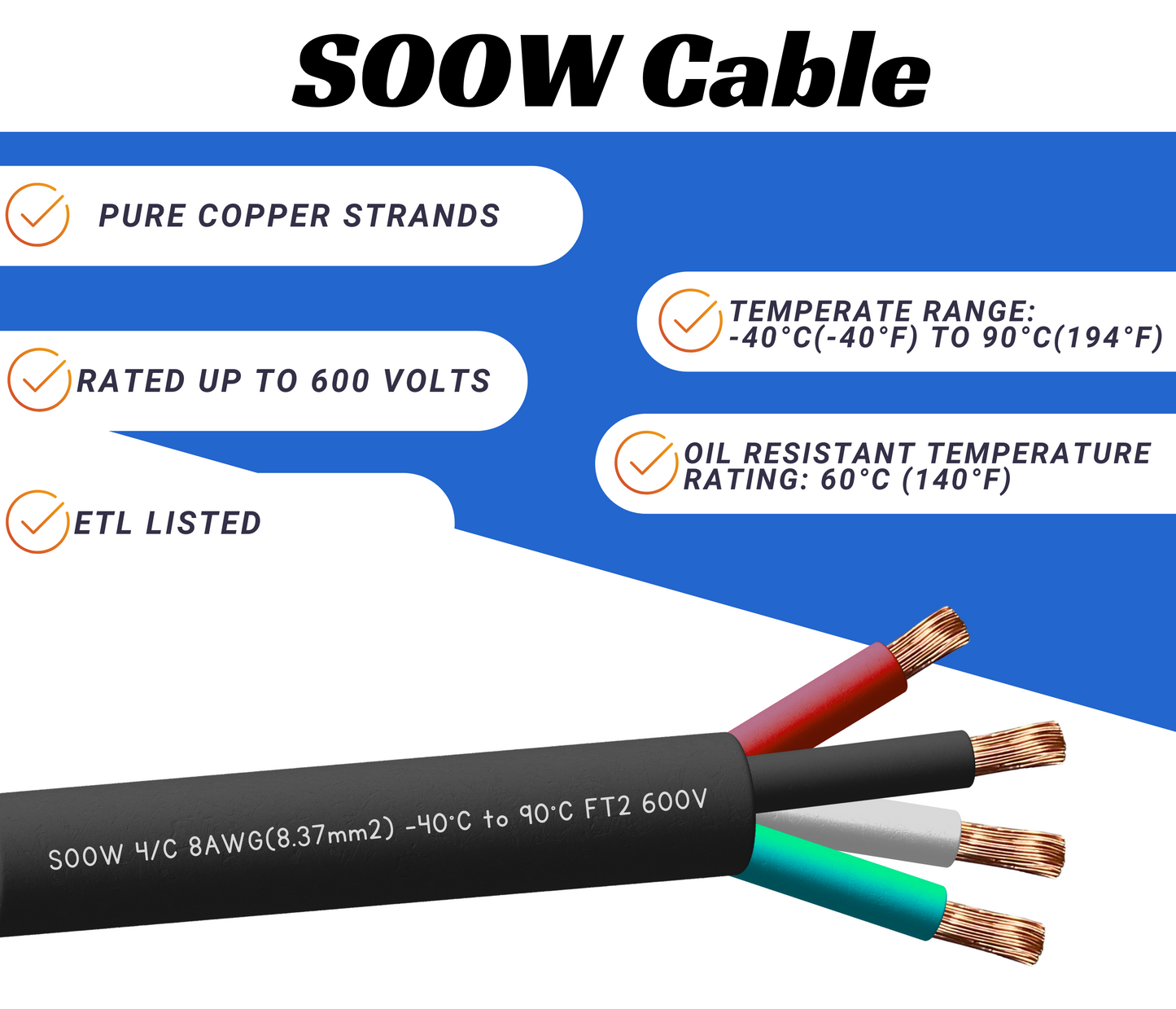 8/4 SOOW Cable Cord Wire - 8 Gauge 8 AWG 4 Conductor 600V Portable Power Extension Cord Cable with Ultra Flexible Insulation Jacket
