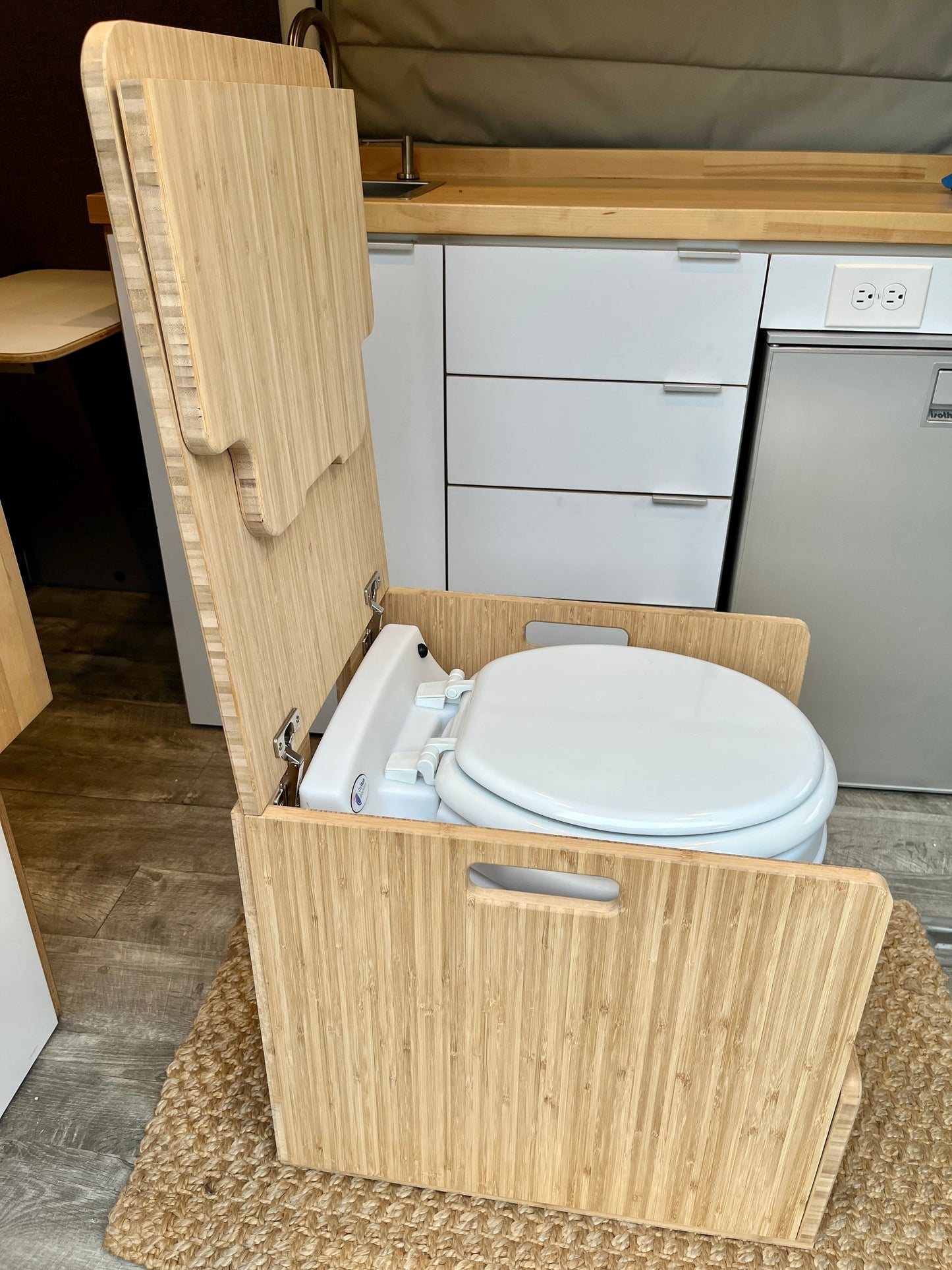 Laveo Dry Flush Portable Waterless Toilet Bamboo Lift top Cabinet Flat Pack Kit