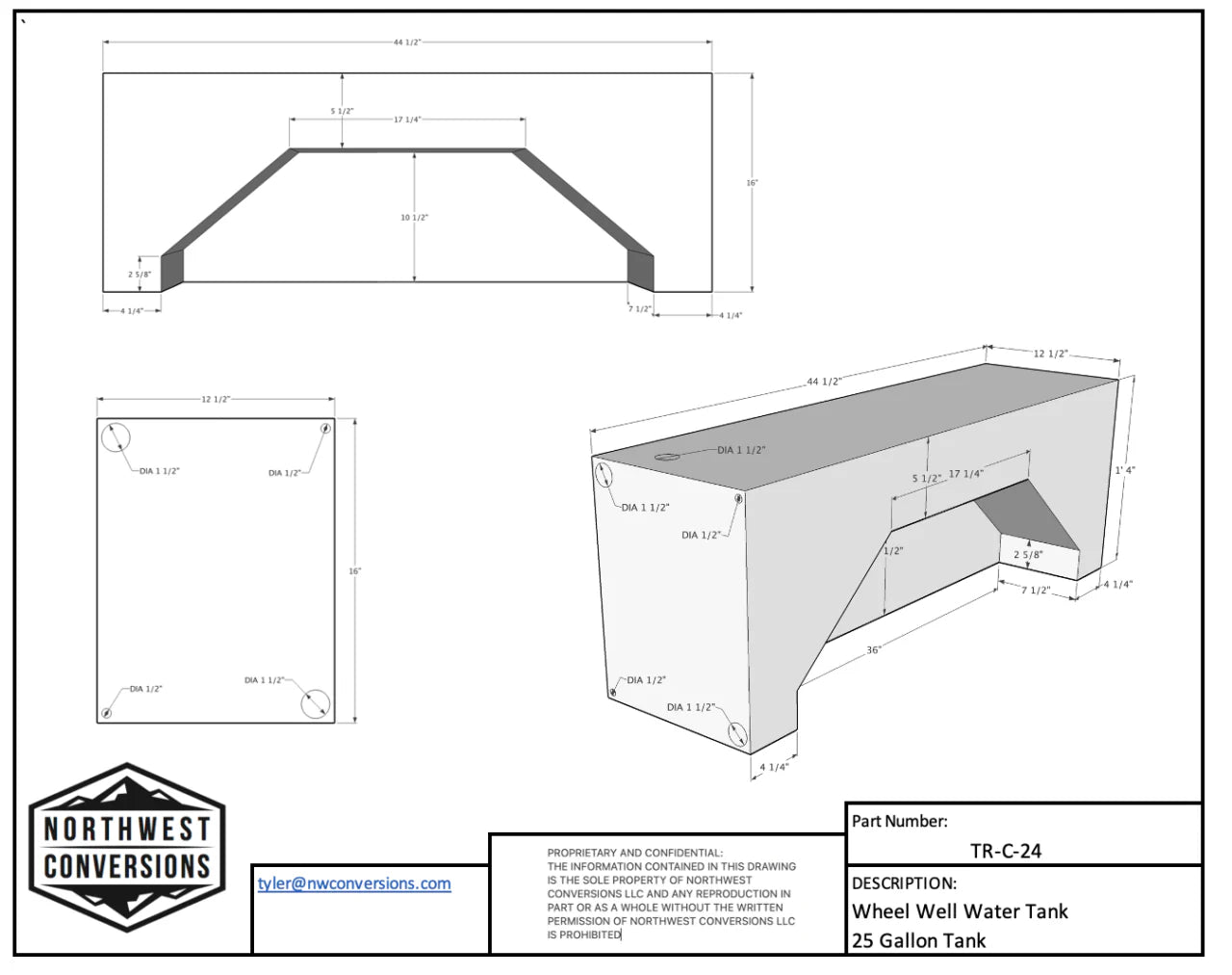 NW Conversions 25 Gallon Ford Transit Wheel Well Water Tank - Center (TR-C-24)