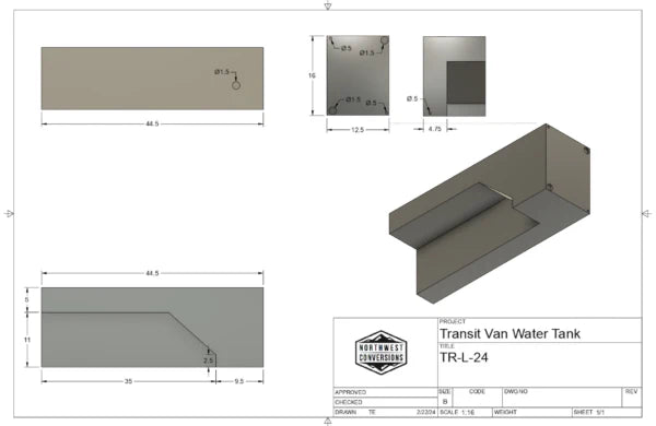NW Conversions 24 Gallon Ford Transit Wheel Well Water Tank - Left (TR-L-24)