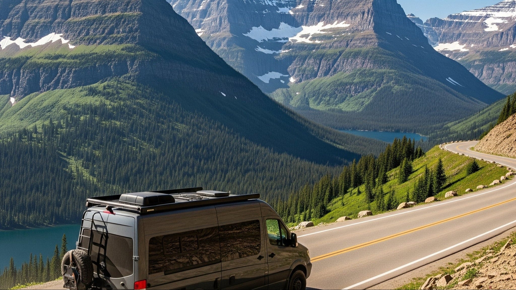 Van on a mountain road with scenic mountains and lake in the background
