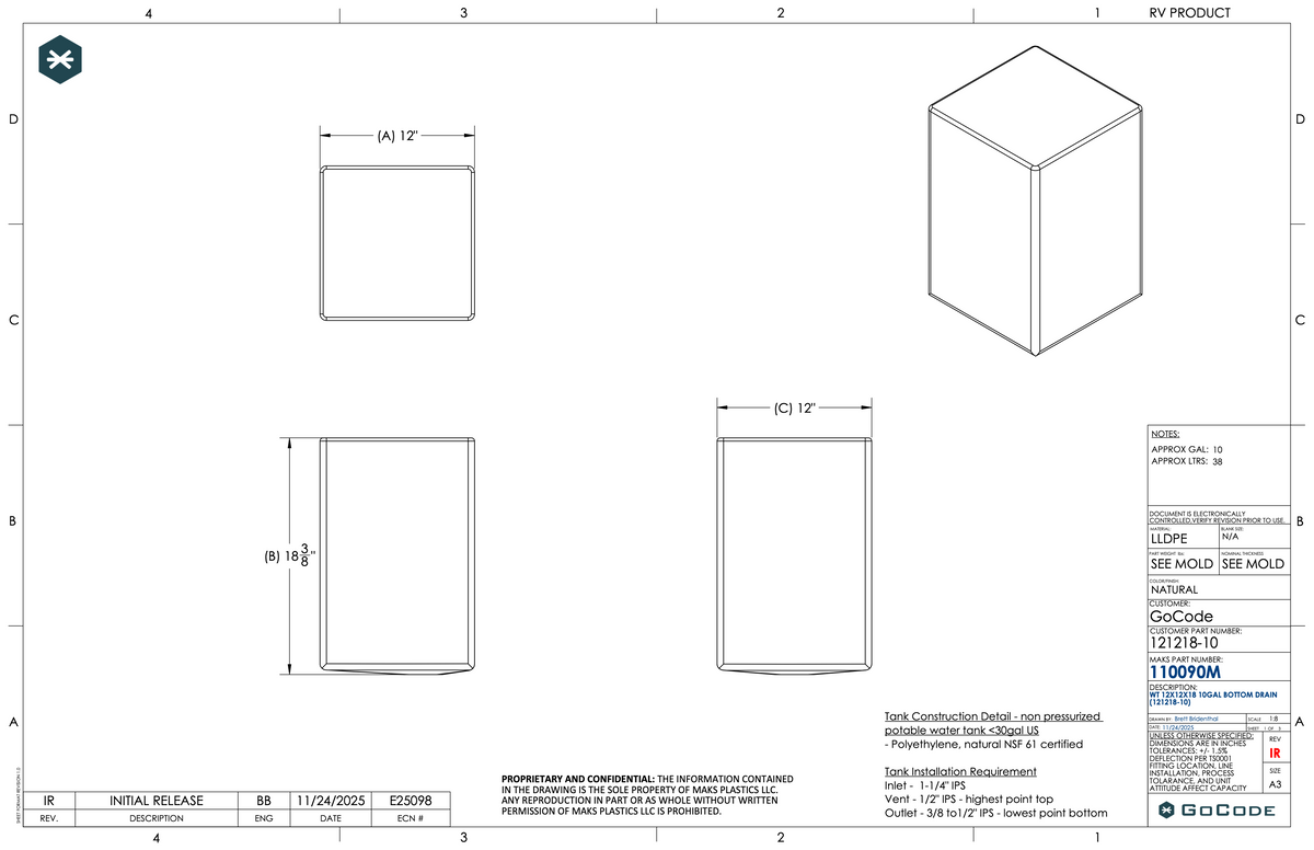 10-Gallon Galley Water Tank (Fresh/Grey) GoCode