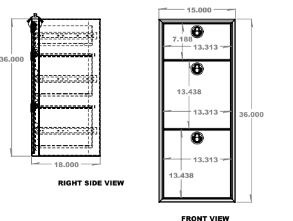 15" Three Drawer Base Cabinet: 15" Length x 18" Deep x 36" Height