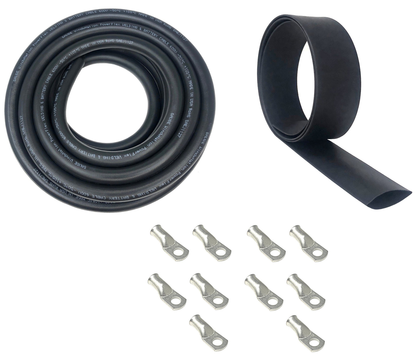 2/0 Gauge Welding Battery Cable Kit - Includes 10 pieces of 3/8" Tinned Copper Cable Lugs and 3 feet Black Heat Shrink Tubing