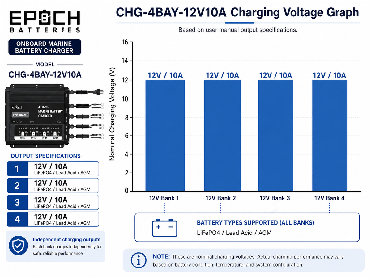 4-Bank 12V Marine Battery Charger | 10A Per Bank Epoch Batteries