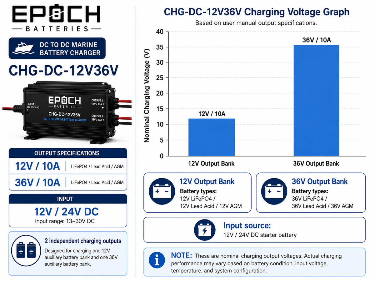 Dual-Output 12V/36V Marine DC-DC Charger | Charge on the Run Epoch Batteries