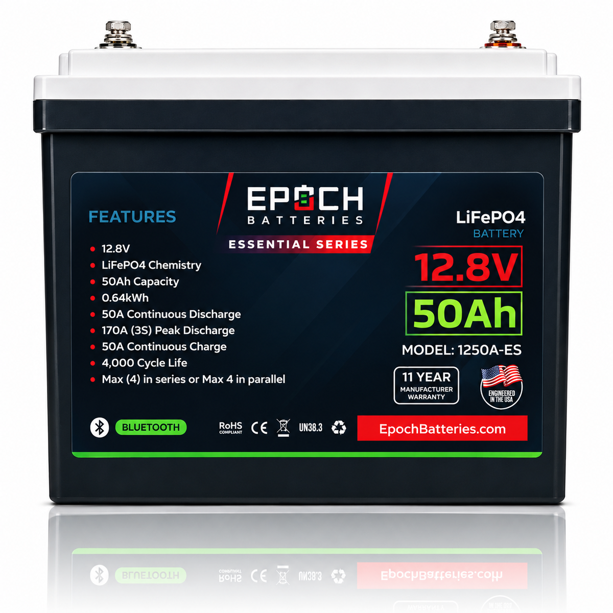 12V 50Ah Essential Series LiFePO4 Battery (0.64kWh) Epoch Batteries