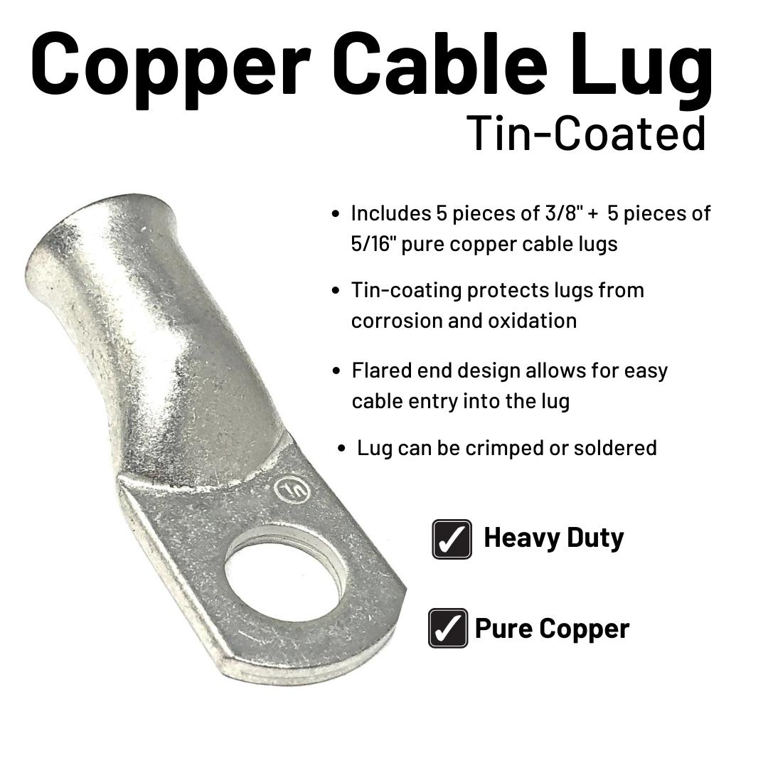 1/0 Gauge Welding Battery Cable Kit - Includes 5 pieces of 3/8" + 5 pieces of 5/16"  Tinned Copper Cable Lugs and 3 Feet Black Heat Shrink Tubing