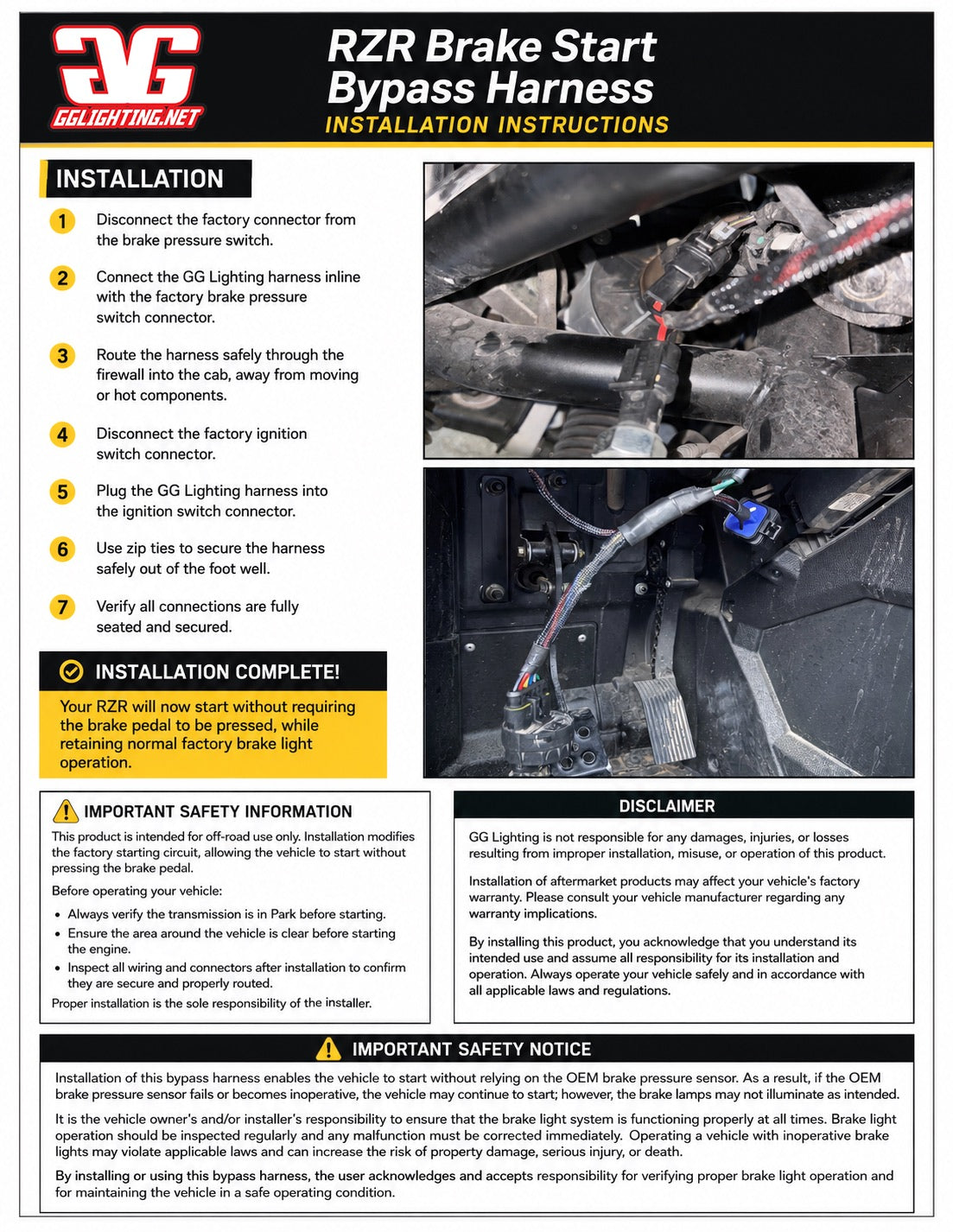 Rzr Pro 2022+ Brake Bypass Harness GGLighting