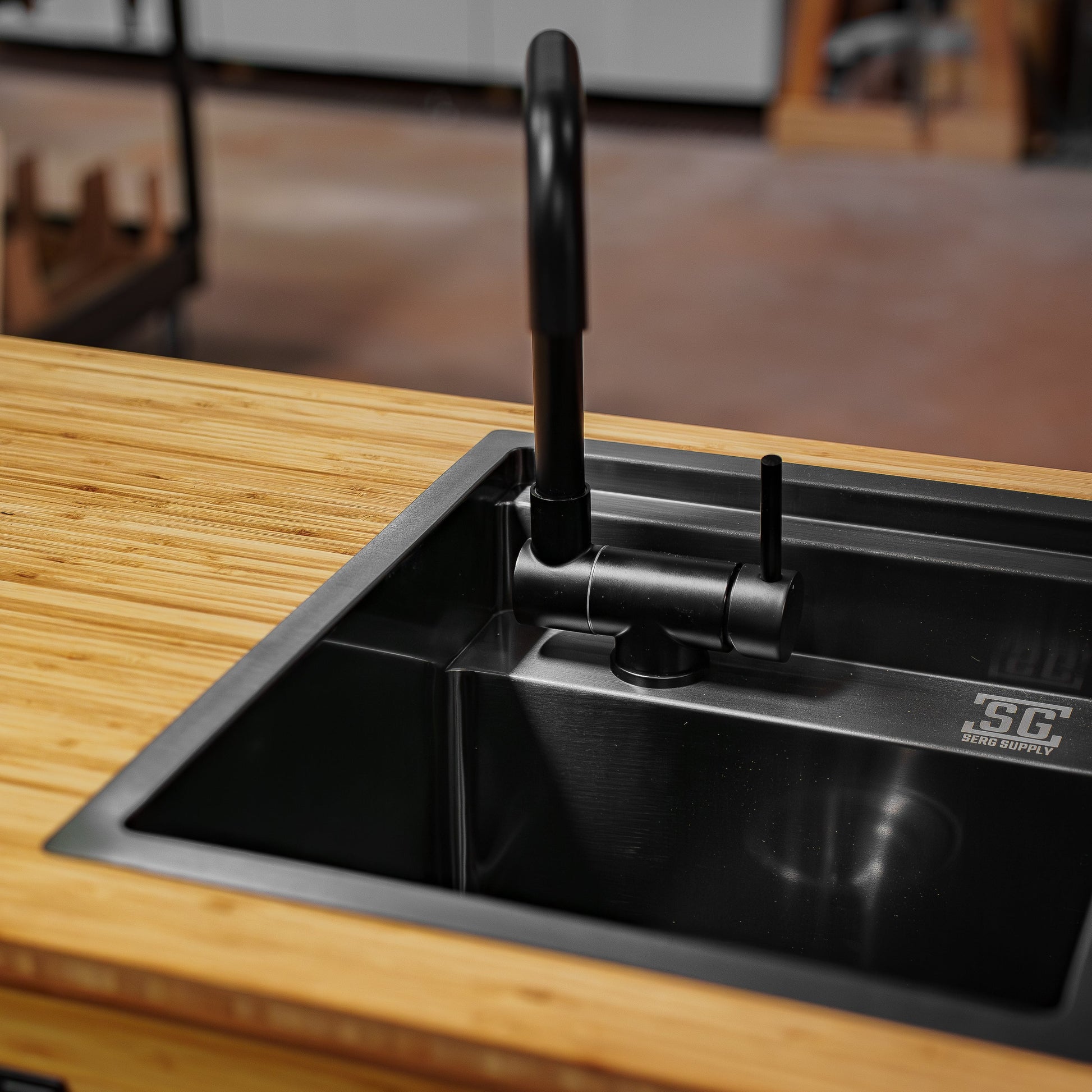 Stainless Steel Sink With Black Nano Coating and Folding Faucet SergSupply