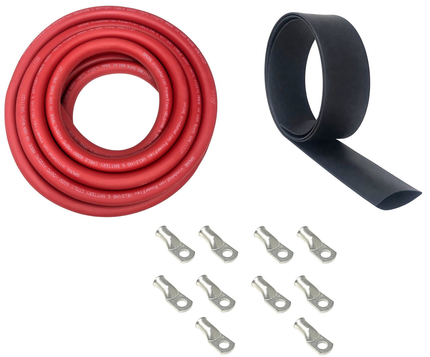 1/0 Gauge Welding Battery Cable Kit - Includes 10 pieces of 3/8" Tinned Copper Cable Lugs and 3 Feet Black Heat Shrink Tubing