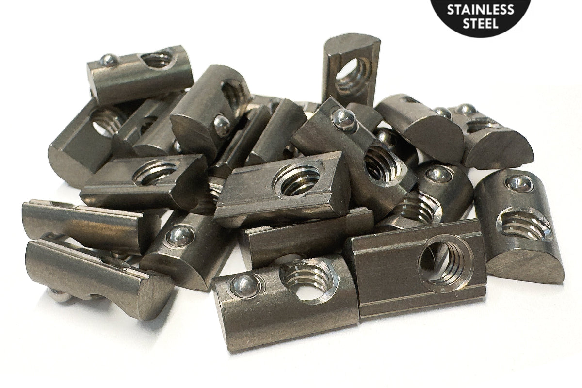 10S Self-Aligning Roll-In T-Nuts with Ball Spring – 304 Stainless Steel (1/4-20 Thread)