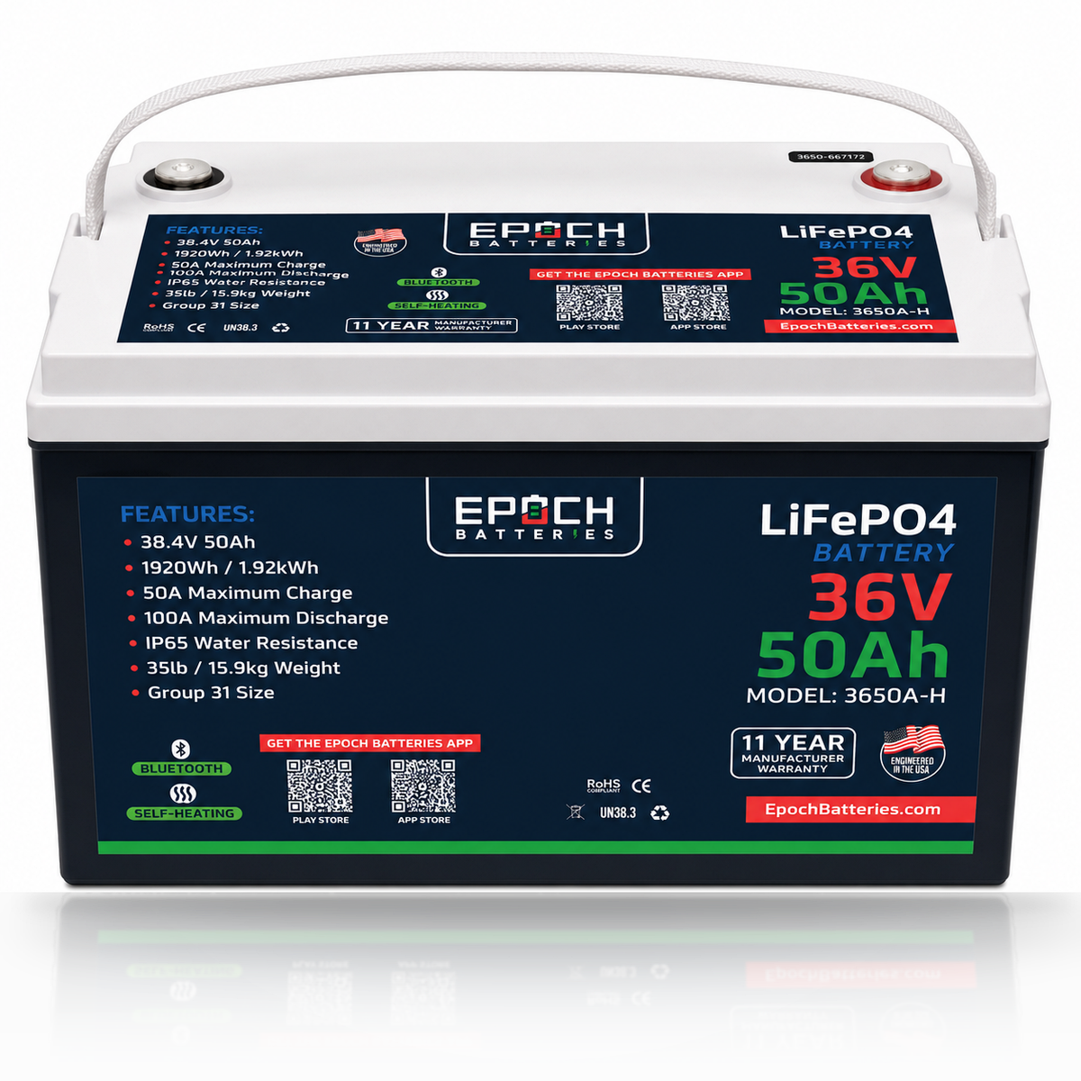 36V 50Ah Essential Series LiFePO4 Battery (1.92kWh) Epoch Batteries